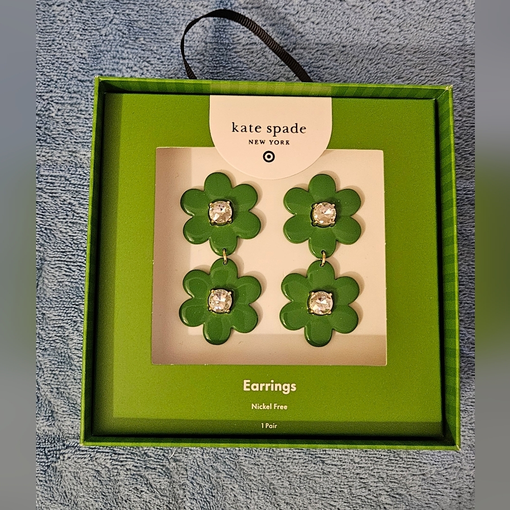 Kate Spade Green Floral Dangling Earrings with Crystal Accents